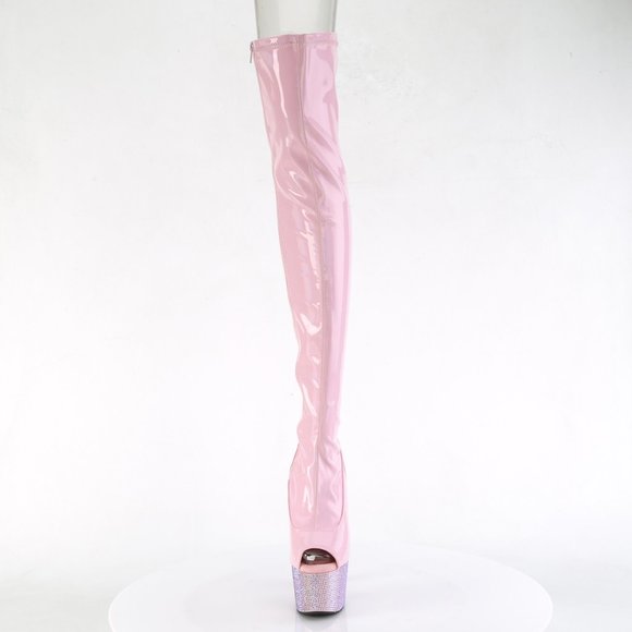 Pleaser Bejeweled-3011-7 Pink Patent Thigh High Platform Boots with Rhinestones - Picture 2 of 5